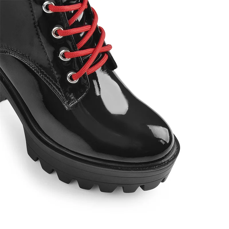 Onlymaker Platform Ankle Boots Black Patent Leather Red Lace-Up Chunky High Heels Shoes Side Zipper Spring AutumnWomen Booties