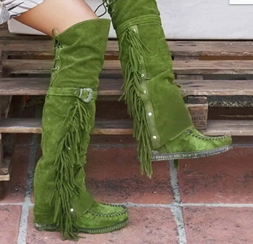 Fashion 2024 Bohemian Boho Over The Knee Boots Ethnic Women Tassel Fringe Faux Suede Leather Booties Girl Flat Long Botas Mujer