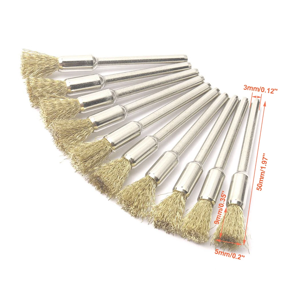 10Pcs 3mm Shank Brass Wire Wheel Brush 5mm Brush Diameter Polishing Brush for Mini Drill Metal Rust Removal Dremel Rotary Tools