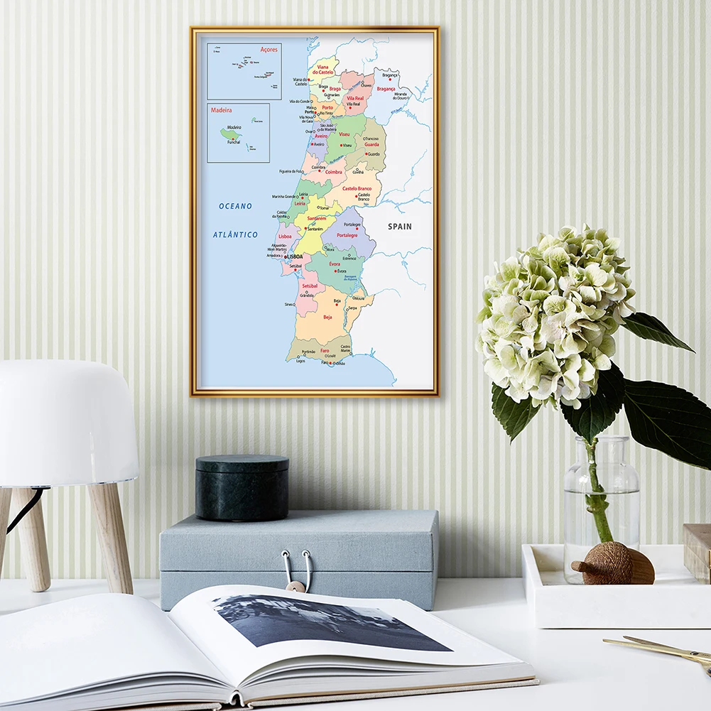 Imagem -03 - Mapa de Portugal Artes para Parede Material Escolar 59*84cm Decoração em Português Tela