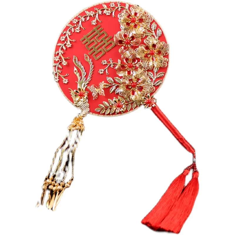 HIMSTORY Eleagance Red Embroidery Bridal Fan Bouquets Handmade Gold Flowers Chinese Round Hand Fan Jewelry Wedding Accessories