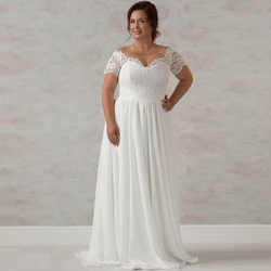 Elegant Plus Size Wedding Dresses Chiffon Beach Bridal Gown with Lace Bodice Short Sleeves Bride Dress 2020