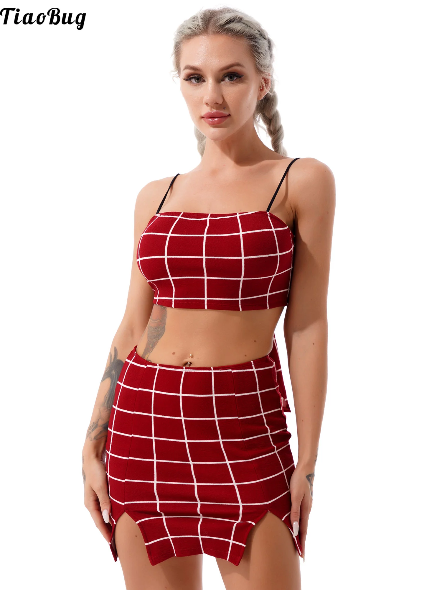 

TiaoBug Women Summer Casual Plaid Two-Piece Set Spaghetti Strap Lace-Up Back Crop Top With Split Sides Mini Skirt