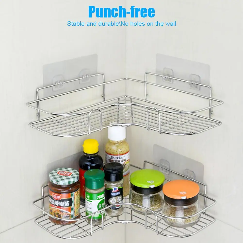 Stainless Steel Bathroom Storage Rack Punch-free Singer Layer Triangle Wall Mounted Storage Shelf for Bathroom Kitchen Bedroom