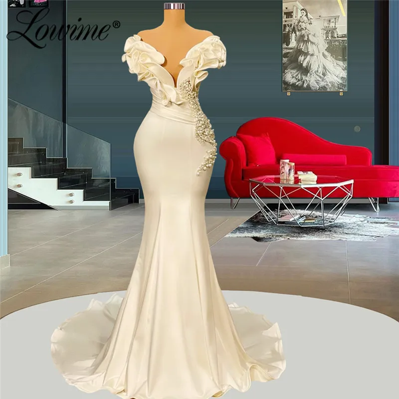 Lowime Cheap On Sale Beaded Pearls Long Formal Women Dress Evening Gowns 2022 Newest Plus Size Mermaid Prom Dresses Party Dress