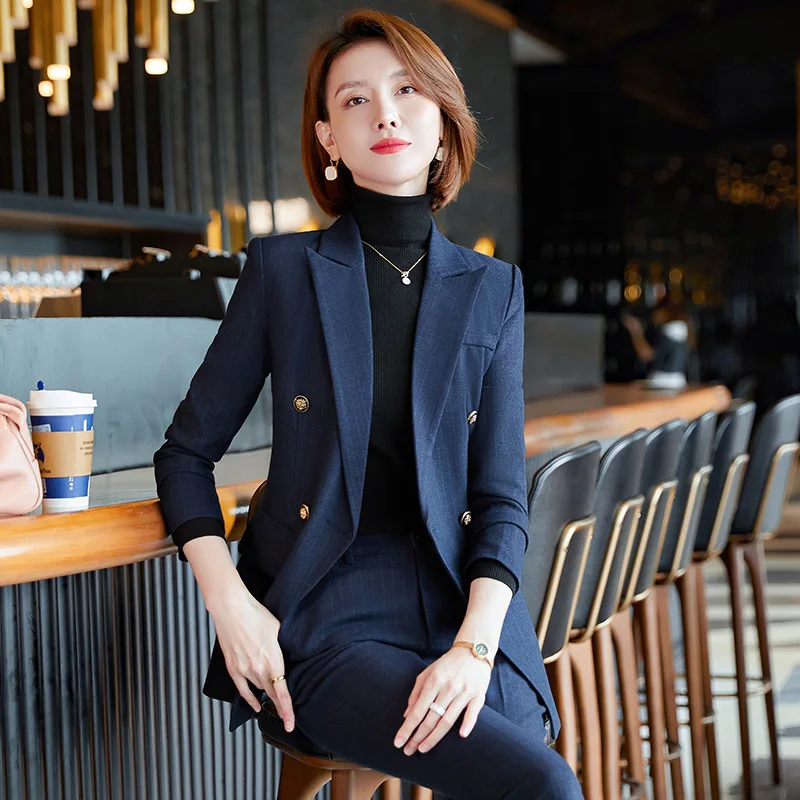 High Quality Fabric Formal Professional Ladies Office Work Wear Autumn Winter OL Styles Pantsuits Elegant Striped Blazers Set