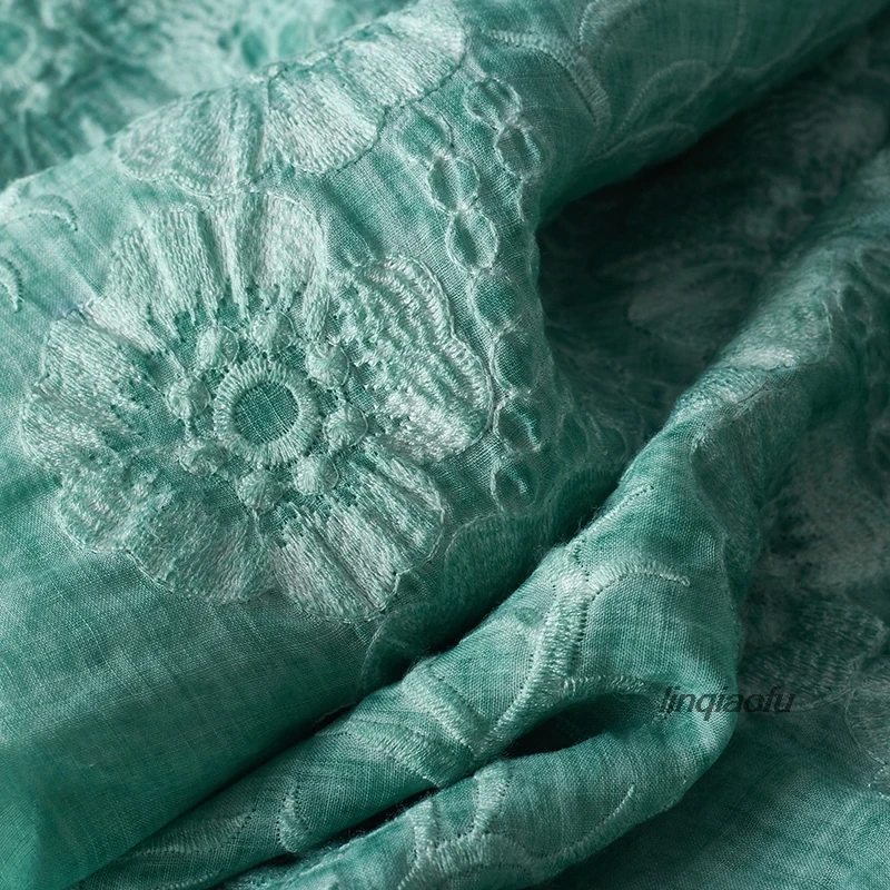 Summer thin green embroidered dress robe clothing cotton and linen fabric High-end linen fabric