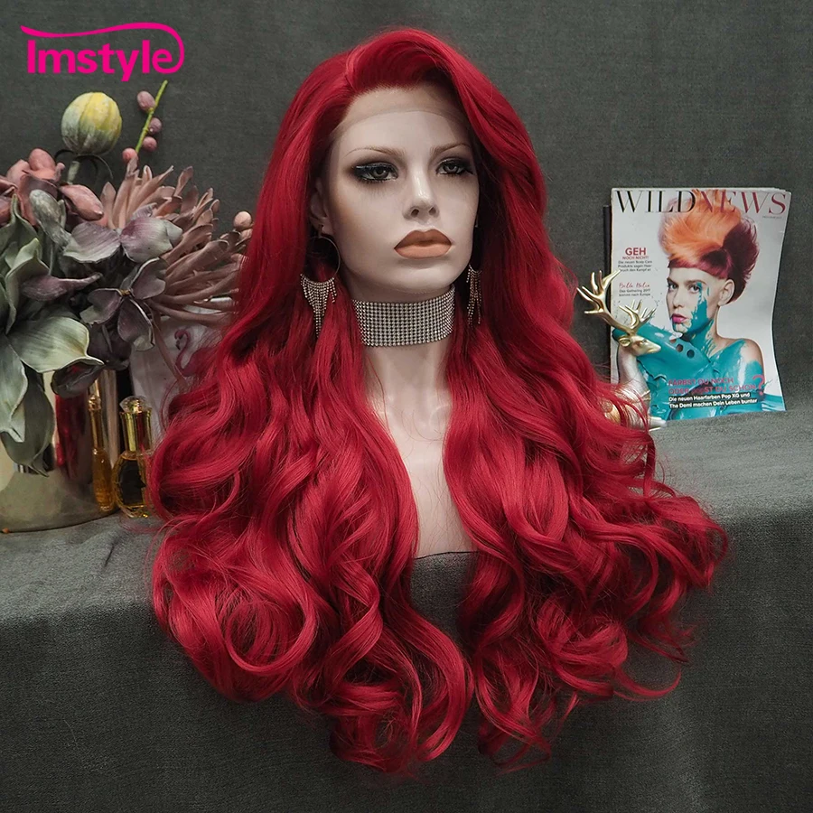 Imstyle Red Wig Long Synthetic Lace Front Wig Natural Wavy Cosplay Wigs For Women Heat Resistant Fiber White Brown Lace Wigs