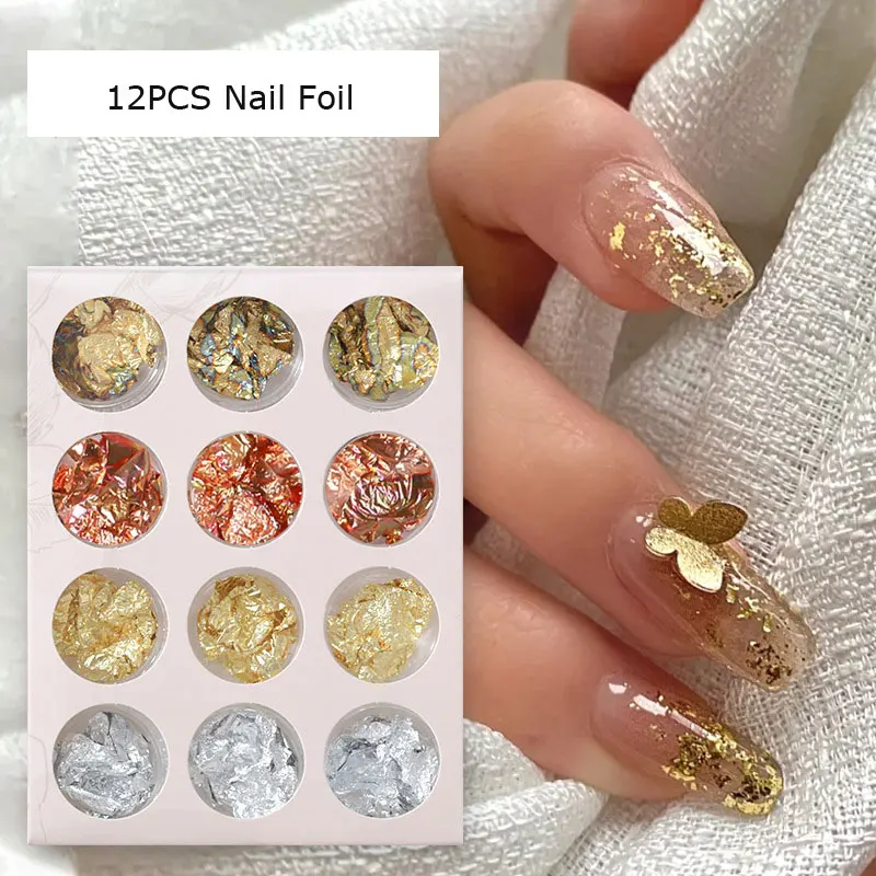 6/12Pcs Glitter Aluminum Gold Leaf Foil Sequins Chrome Powder Nails Irregular Sticker Paillettes Art Decor Manicure Accessories