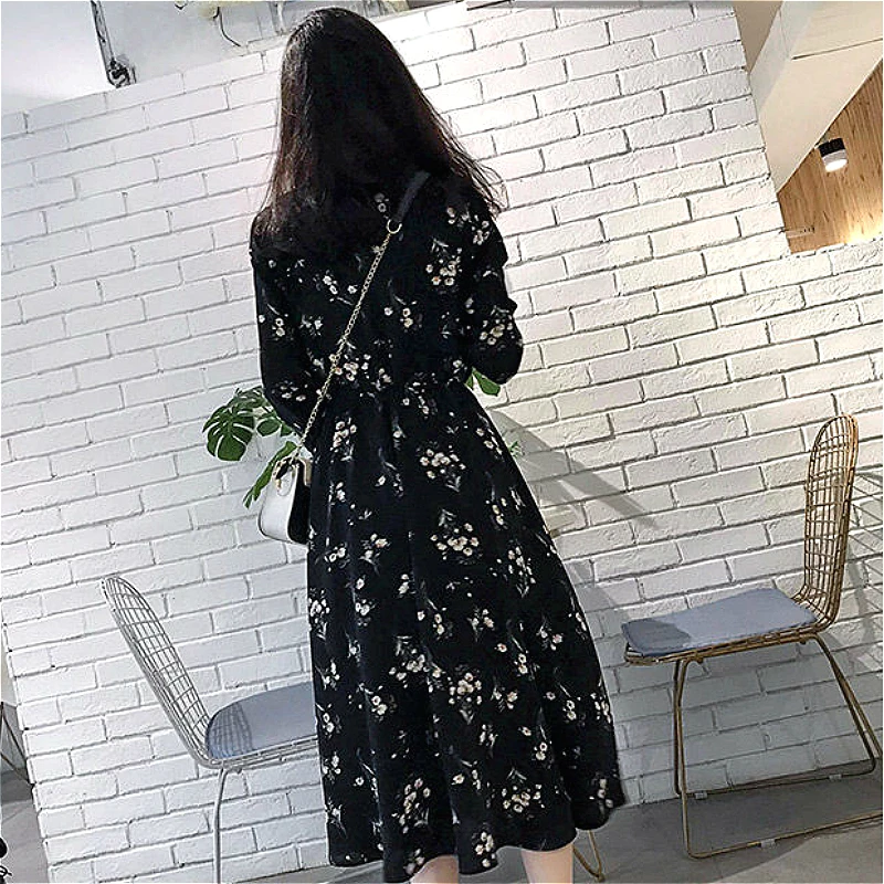 Long Sleeve Dress Women Floral-printed Chiffon Elegant Black Korean Style Leisure Slender Chic Student Streetwear Womens Vestido
