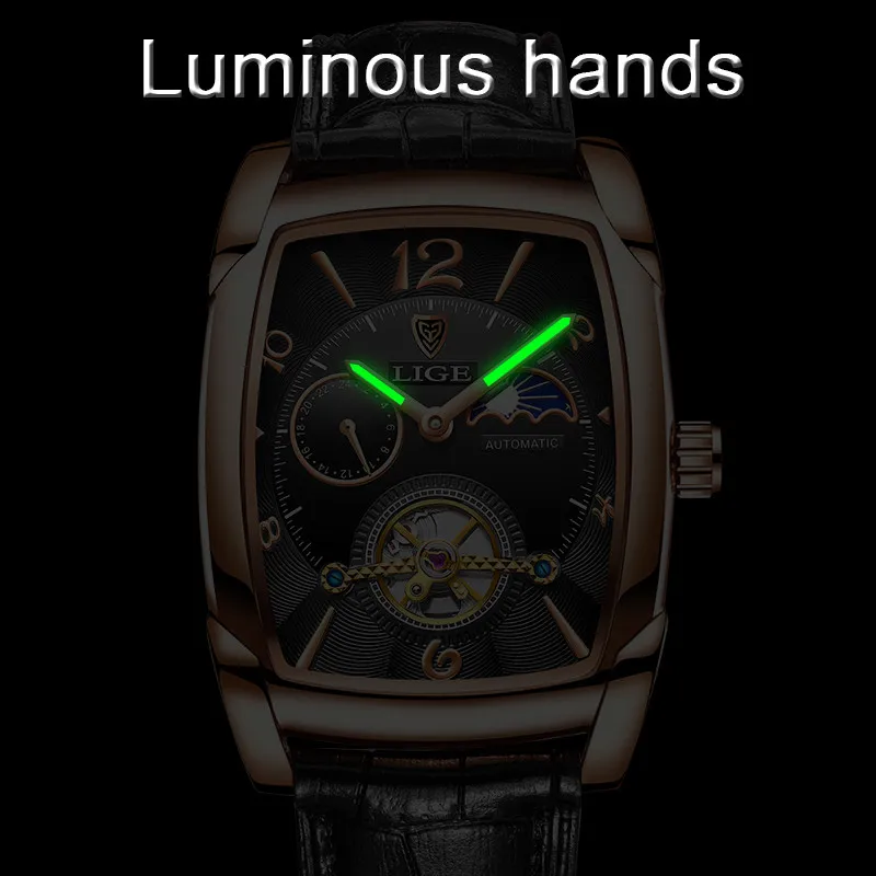 2023 Men Automatic Mechanical Watch Men Luxury Tourbillon Square Leather Sport Watch Luminous Moon Phase Waterproof Men Watches