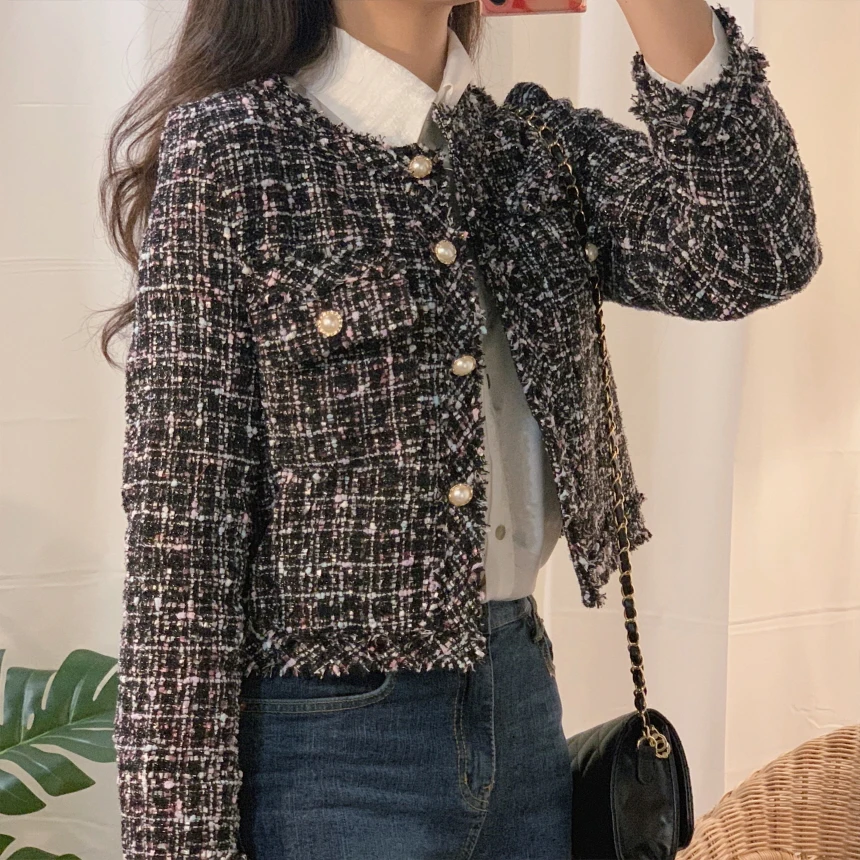 

ZAWFL 2023 Autumn Winter Women Small Fragrance Vintage Plaid Tweed Jacket Coat Korean Elegant Long Sleeve Slim Short Outerwear