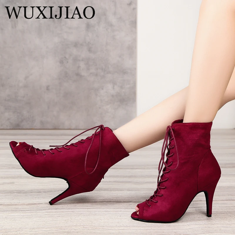 Wuxi jiao popular das mulheres quentes vermelho camurça latina dança salsa botas sapatos de treinamento palco desempenho festa sola macia