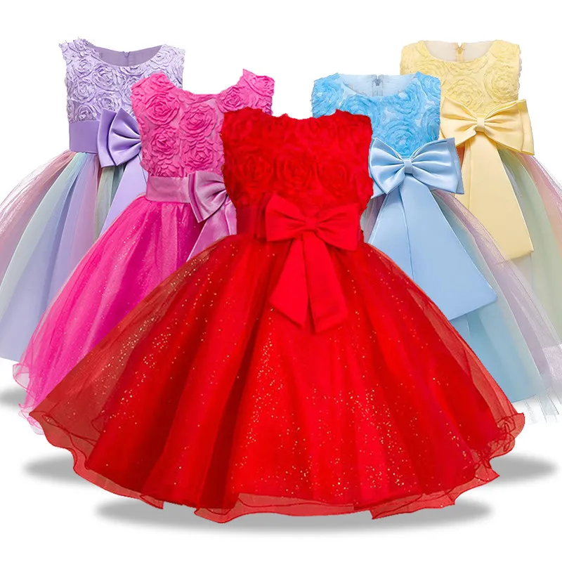 Christmas Princess Flower Girl Dress SummerTutu Wedding Birthday Party Dresses For Girls bowknot dress Children Party Vestido