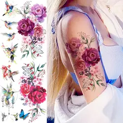 Tatuajes temporales de acuarela 3D para mujeres adultas, rosa, peonía, flor, colibrí, tatuaje falso realista, calcomanía Sexy de media manga