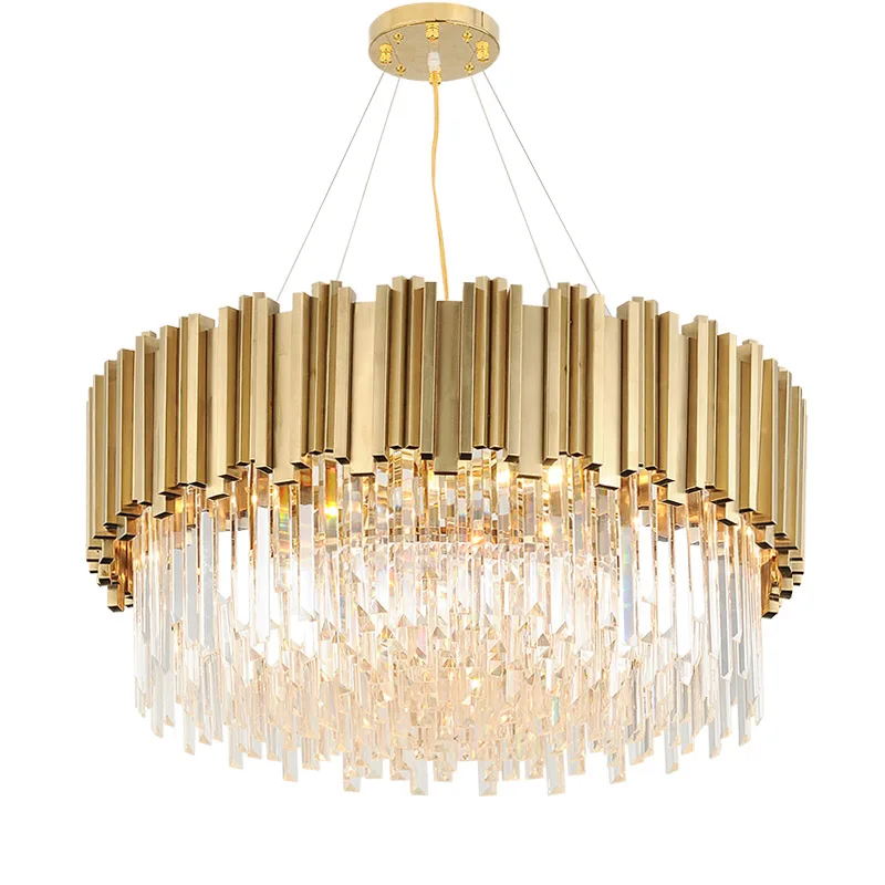 Lustre en cristal d\'acier inoxydable de déco d\'art d\'or postmoderne, lustre d\'éclairage, lampes suspendues, marbre, salle à manger