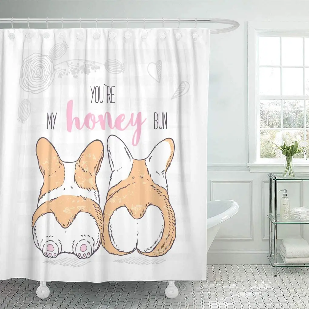 White Butt Two Cute Dogs Lie Next to Each Other Welsh Corgi Pembroke Valentines Day with Floral Love Shower Curtains Sets