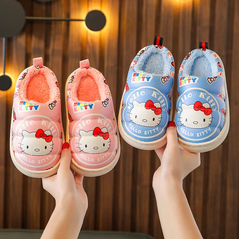 Hello Kitty Children\'s New Leather Waterproof Cotton Slippers For Girls And Boys Home Non-slip And Warm Cute Cartoon Plush Shoes