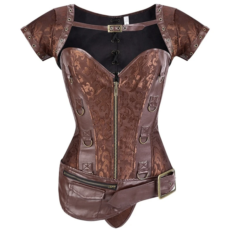 

Sexy Women Overbust Corset Steampunk Gothic Brown Printing Shapewear Set Body Shaper Waist Cincher Slimming Clothing Corselet