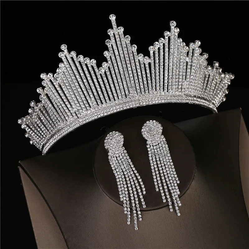 Baroque Luxury Silver Color Crystal Bridal Tiaras Crown With Earrings Rhinestone Pageant Diadem Wedding Hair Accessories Bijoux