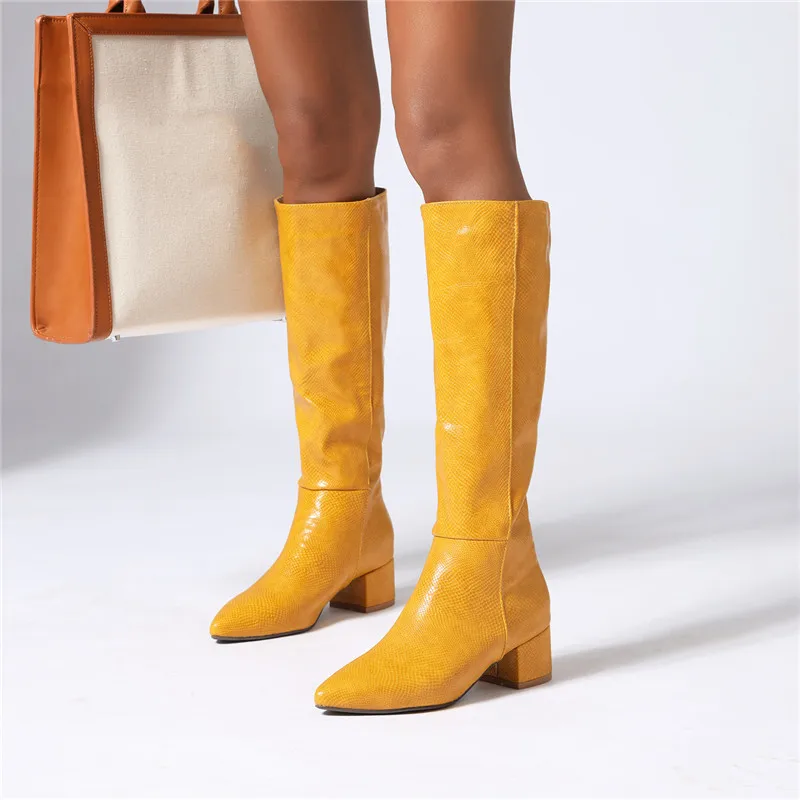 YMECHIC Fashion 2022 Chunky Heels High Knee Boots Yellow Silver Blue Pointed Toe Knee High Long Boots Winter Female Shoes Botas