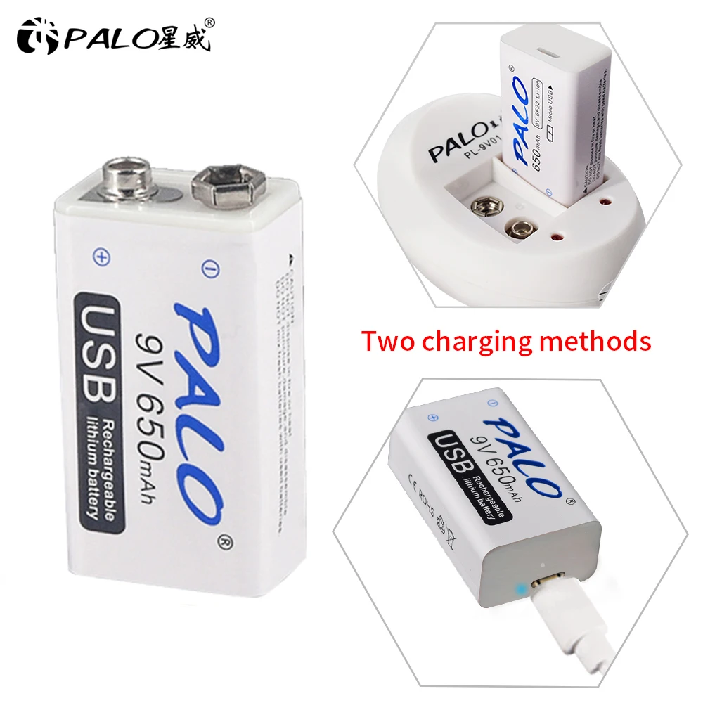 PALO 9V USB Lithium Battery 650mAh 6F22 Li-Ion Rechargeable Batteria 9 Volts for Toys Massagers Multimeters Guitar