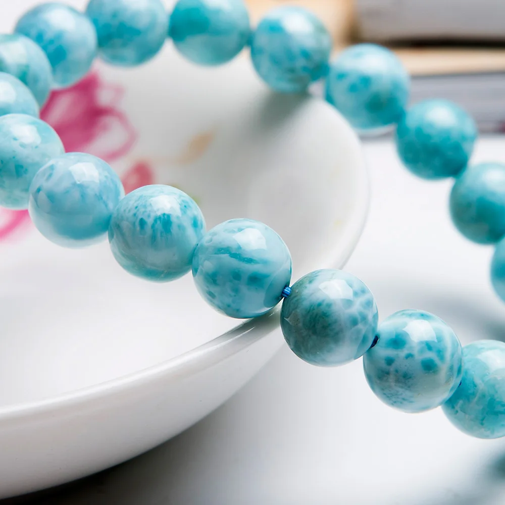 Natural Blue Larimar Round Bead Bracelet Water Pattern 7mm 8mm 9mm Crystal Stretch Larimar Bracelet Woman AAAAAA