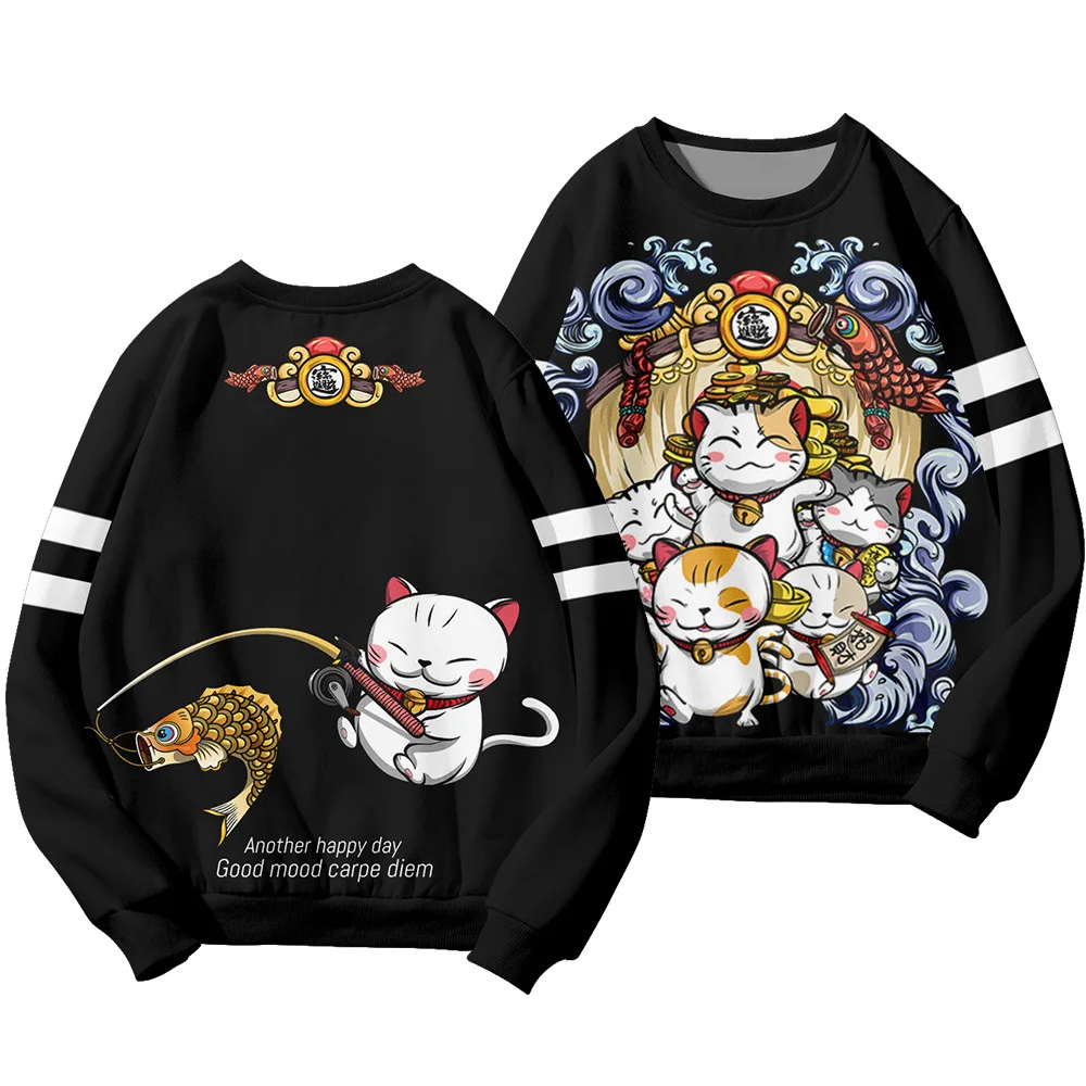 

Мужской пуловер с длинным рукавом и круглым вырезом, весна-осень, черная толстовка с капюшоном и милым принтом кошек, модная уличная одежда