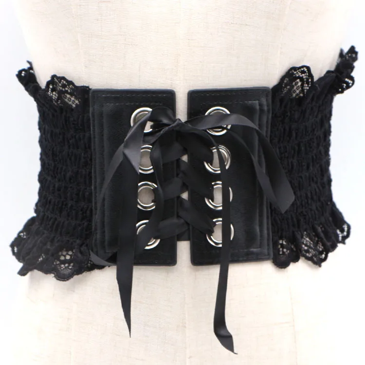 Donna Ultra Larga del Corsetto Della Cinghia di Moda Femminile Sottile Corpo Elastico Nero di Stile NUOVO di Alta Stirata del nero del merletto Cinture Per Le Donne vestito