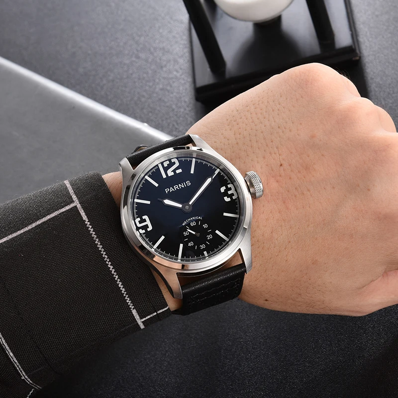 New Parnis 46.5mm Black Dial Mechanical Hand Wind Men Watch Stainless Steel Case Men\'s Watches herren uhren 2020 with box gift