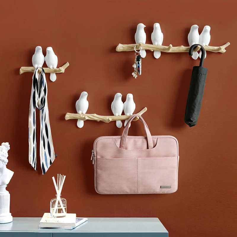 Resin Birds Figurine Wall Hooks Decorative Home Decoration Accessories Key Bag Handbag Coat Rack Holder Wall Hanger For Clothes