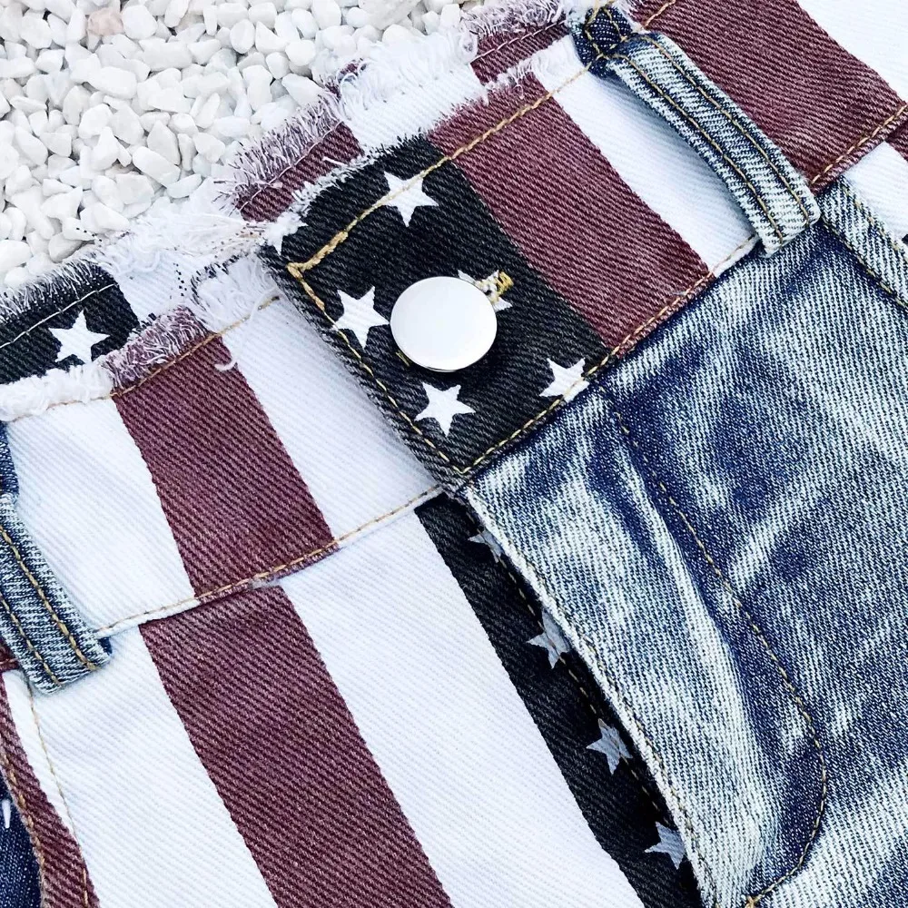 New Sexy Women\'s High Waist Hole Jeans Shorts American Flag Printed Daisy Duke Ripped Denim Shorts  jean shorts