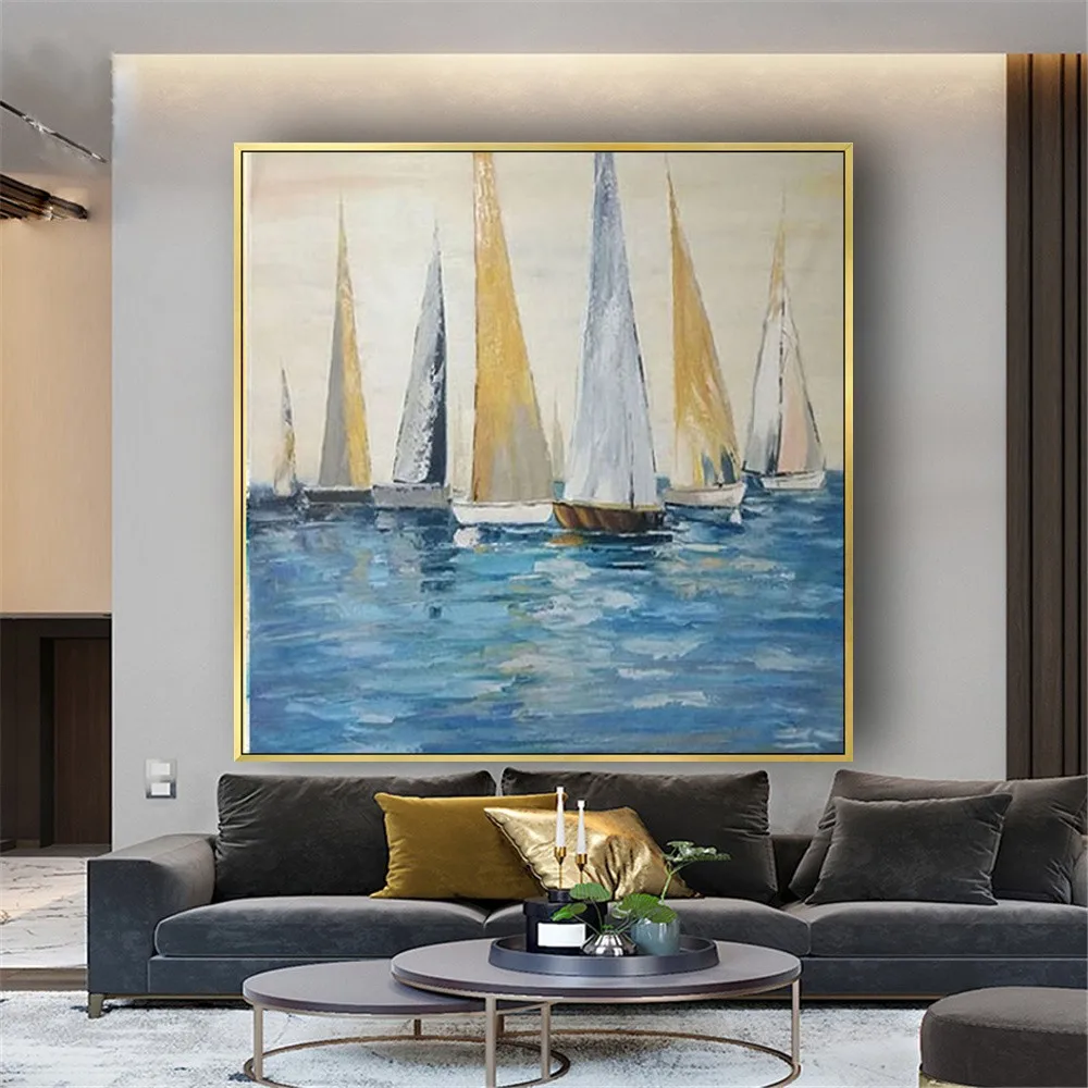 

Modern Abstract Oil Painting Sailboat On The Sea Handmade Picture Wall Decor For Living Room Indoor Home Decor No Framed Picture