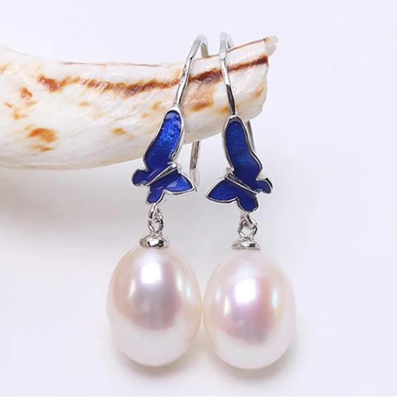 

Oval Pearl Silver 925 Jewelry Drop Earrings Jewelry Earrings Freshwater Pearl Blue Butterfly Earing(9.5*11.5mm White Pearl)