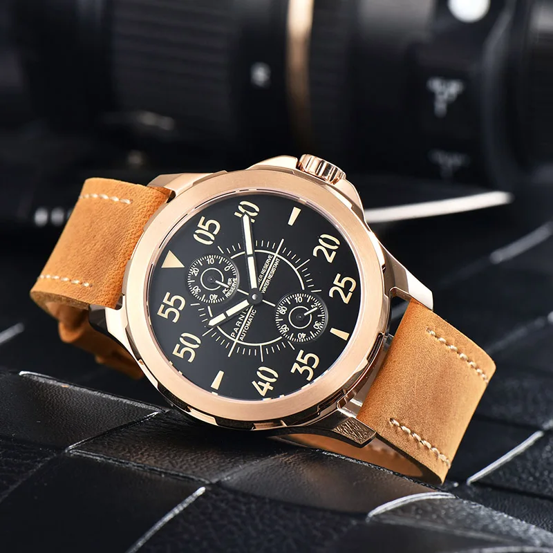 

Parnis 44mm Automatic Watch Men Mechanical Wrist Watch Luminous Waterproof Power Reserve Auto Date Leather Strap Men's Watch