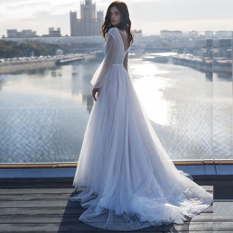 بريق الأميرة الترتر فساتين الزفاف منتفخ الأكمام الوهم لامعة بوهو مارياج زي العرائس Cutsomed Vestidos Casamento