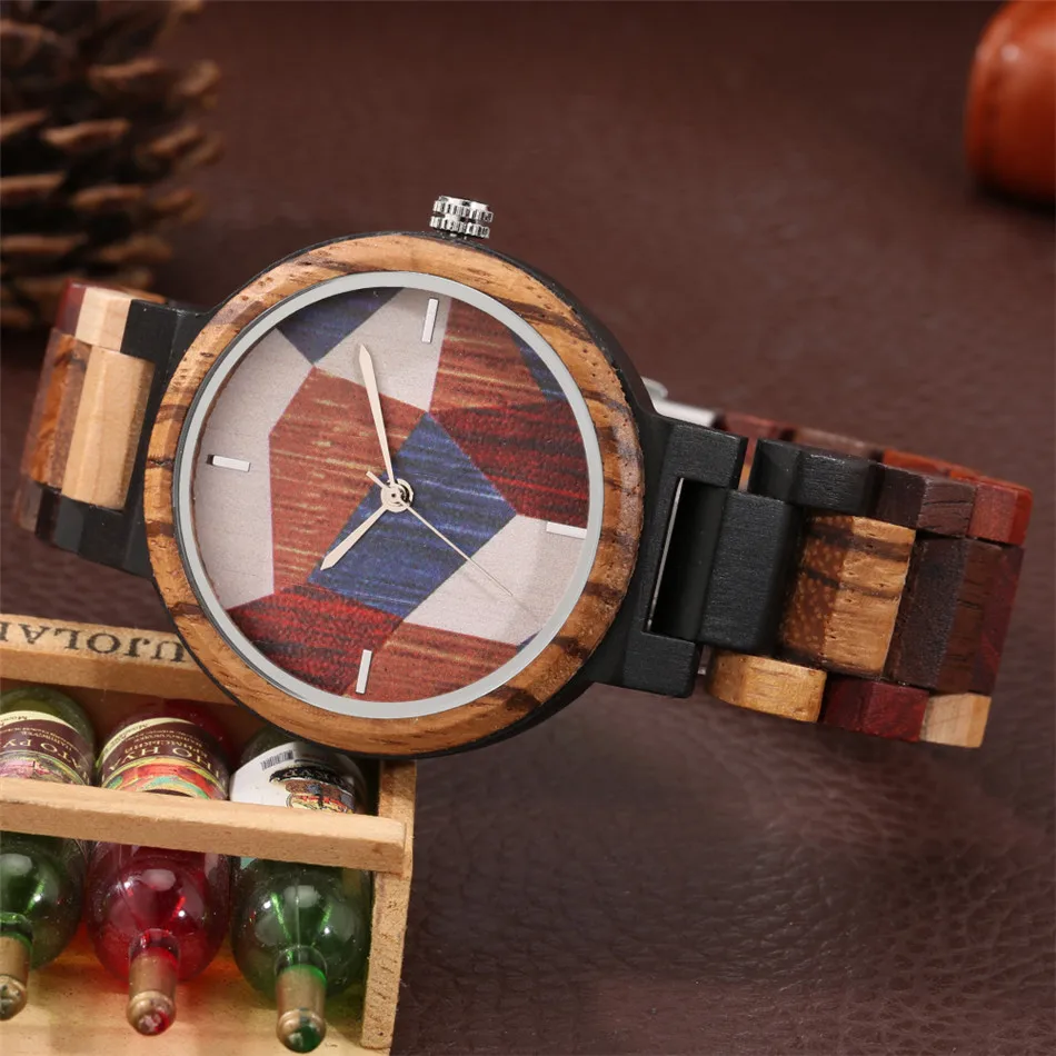 Mixed-colored Full Wooden Men Watch Chic Irregular Pattern Round Dial Quartz Watch Mens Wood Bangle Wristwatch Folding Clasp