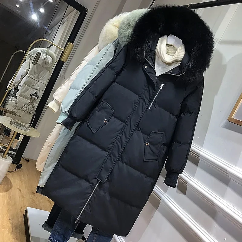 Lagabogy Long Puffer Jacket Women 2021  Real Fur Hooded 90% Duck Down Coat Windproof and thickened to keep warm Female  Parkas