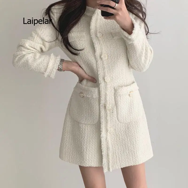 

Autumn Winter Women Mini Dress Elegant Single Breasted A-line Korean Style Vintage Ladies Office Work Dress Casual Vestidos