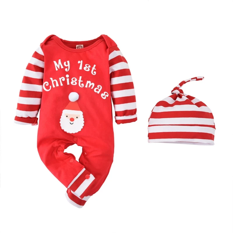 Ins Santa Claus Romper Suit Striped Playsuit Clothes+Hat 2PCS Baby Kids Outfit Set Girls Boys Christmas Clothing Jumpsuit 0-18M