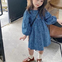 Spring Summer Girls' Dress Korean Style Long Puff Sleeve Floral Cute Round Neck Dress Baby Kids Children'S Clothing For Girl