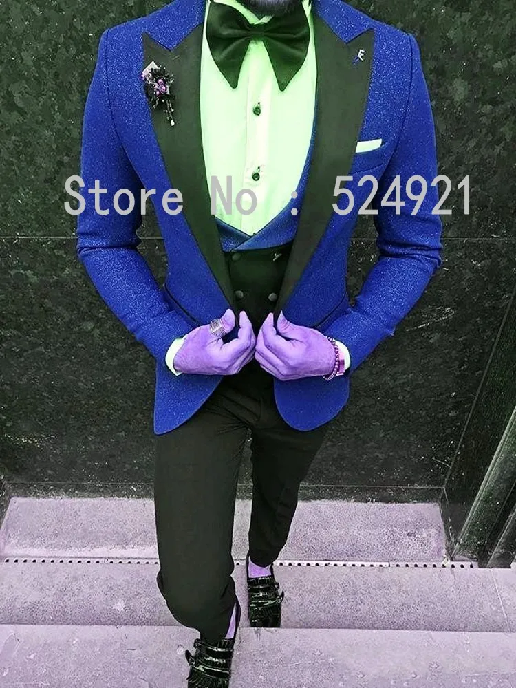 Custom Made Groomsmen Royal Blue and Black Groom Tuxedos Peak Lapel Men Suits  Wedding Best Man ( Jacket+Pants+Vest+Tie ) D89