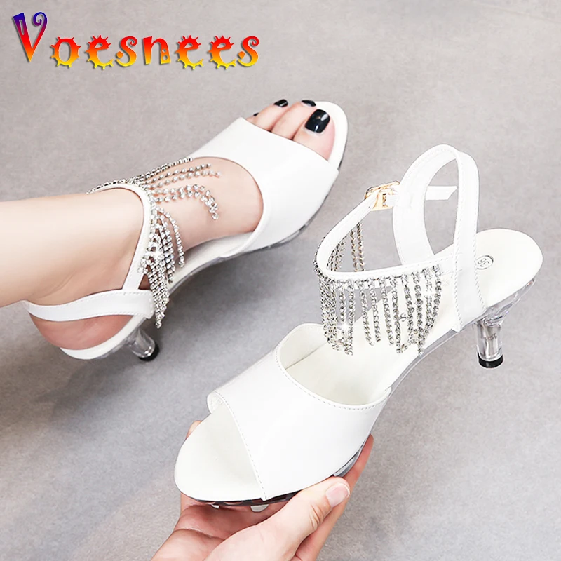 2021 Summer Candy Color Rhinestones Women Shoes New Fringe Buckle Strap Peep Toe Sandals Sexy Nightclub Party Dress High Heels