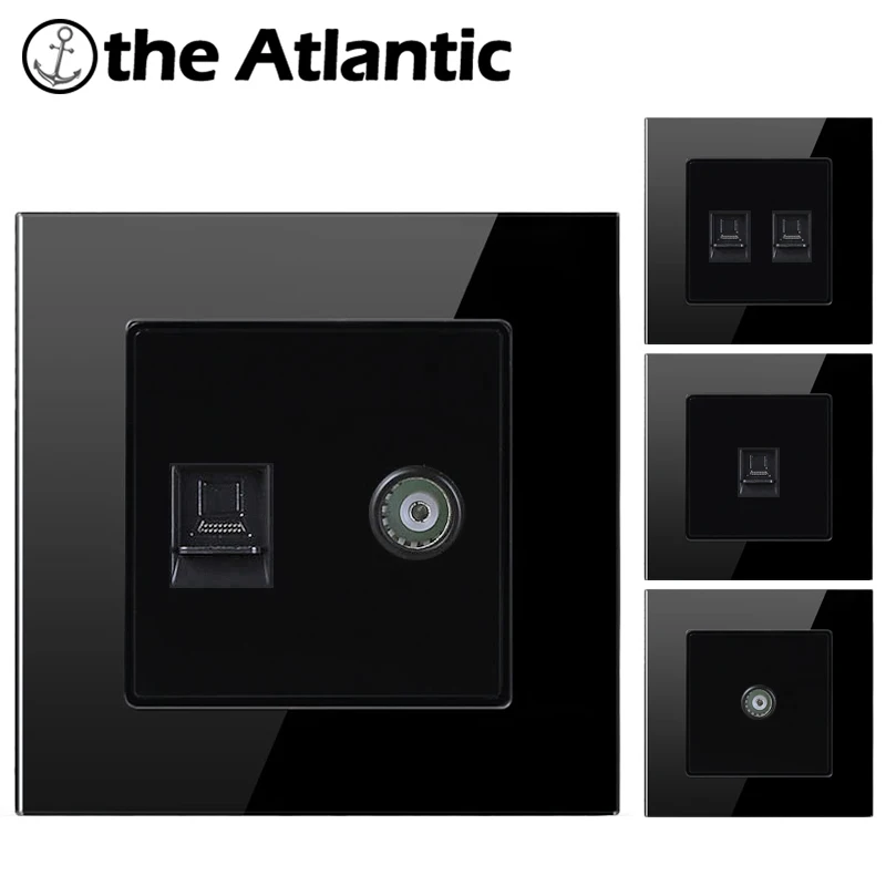 Rj45&TV Port Socket Dual Rj45 Atlectric Data Outlet TV Port Wall Socket Computer Television Plug Black Tempered Glass Panel