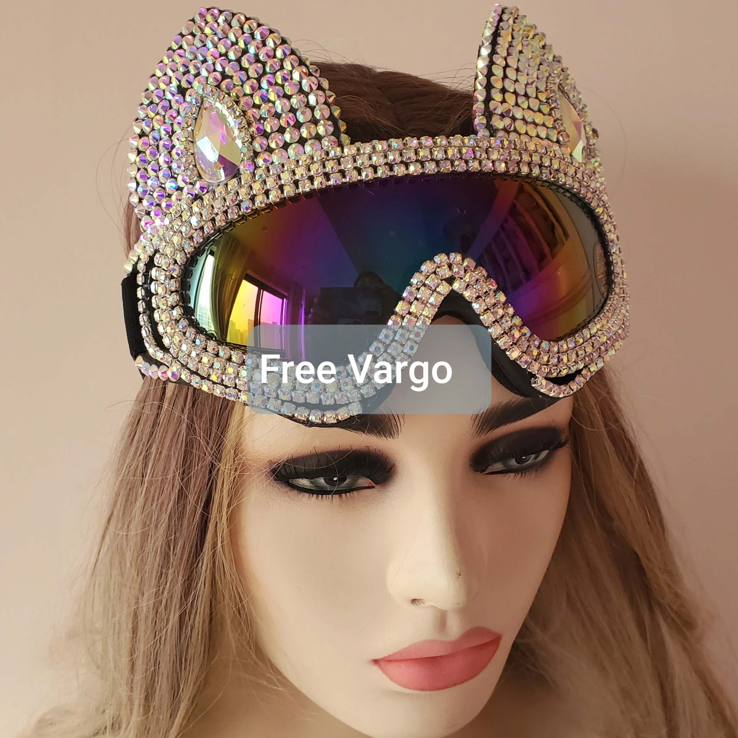 Holographic AB Rhinestone Cat Burning Man Goggle Festival Mask Costume Headpiece Cyber Goggles Stage Dj EDM EDC Rave Costume