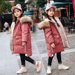 2024 New Winter Warm Girls Long Jacket Fashion Fur Collar Hooded Teen Girl Parka Coat Snowsuit Children Outerwear Clothing 4-13Y