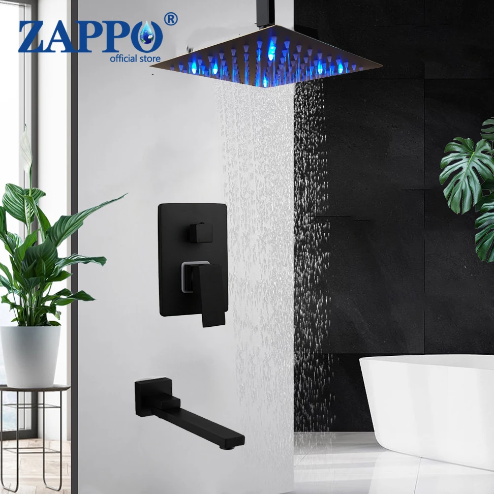 

ZAPPO Matte Black LED Shower Faucet Kits Rainfall Shower System Wall Mount 360 Swivel Bathtub Mixer Tap 2 Function Faucets