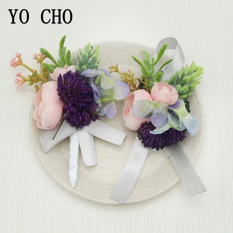 Nơ Xòe Vòng Tay Phù Dâu Hoa Boutonniere, DỰ ĐÁM CƯỚI Hoa Hồng Lụa Tím Cưới Chứng Kiến Cuộc Hôn Nhân Phụ Kiện