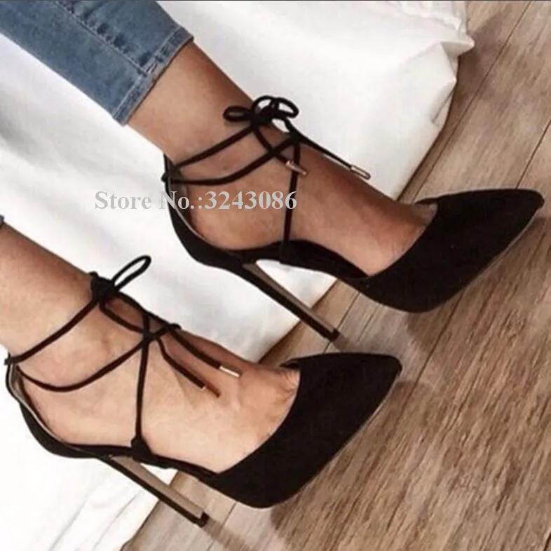 New Red Suede Lace-up Stiletto Heel Pumps Shoes Women Sexy Pointed Toe Cross-tied Black Beige High Heels Wedding Shoes Lady