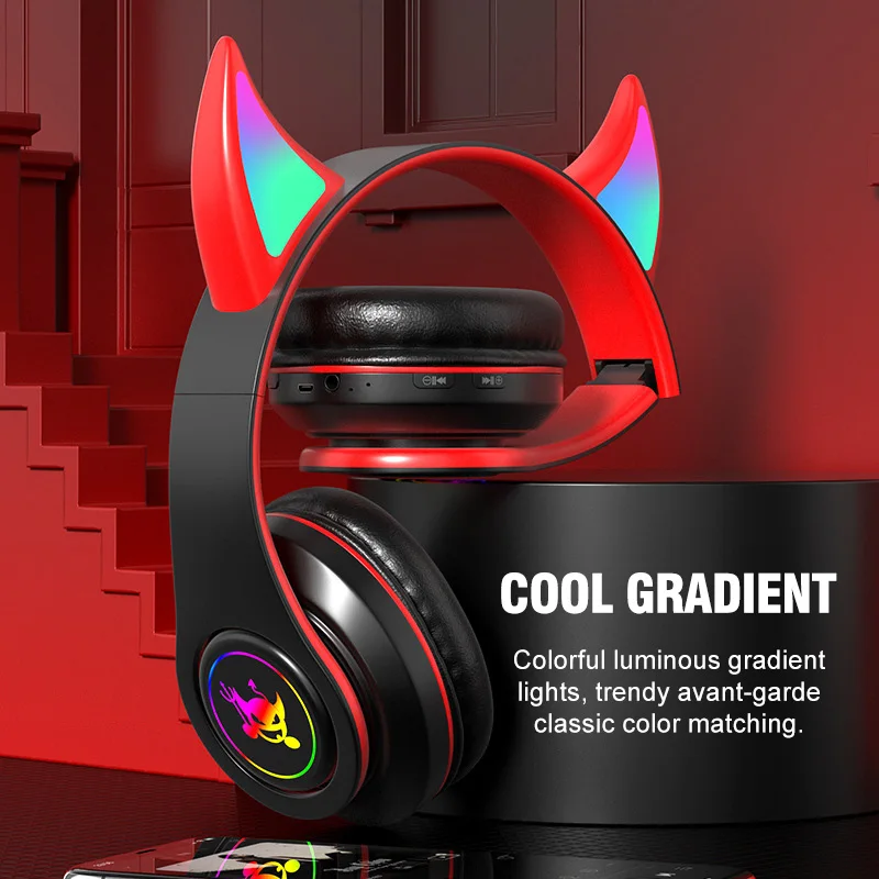 Devil หูฟังบลูทูธไร้สายพร้อมไมค์, หูฟังสเตอริโอเบสไร้สายหูฟังเกมเมอร์รองรับบัตร TF เป็นของขวัญสำหรับเด็กและผู้ชาย